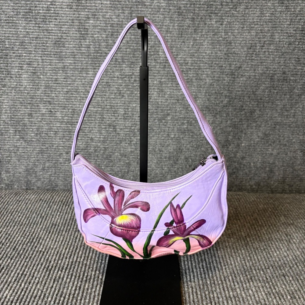Via Via Couture Hand Painted Floral Leather Baguette Shoulder Bag Purple Y2K - Picture 2 of 6